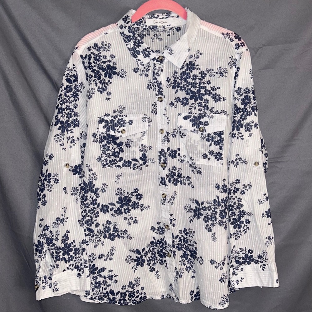Eden‎ & Olivia Womens 100% Cotton 2X White Navy Floral Stripe Button Down Shirt